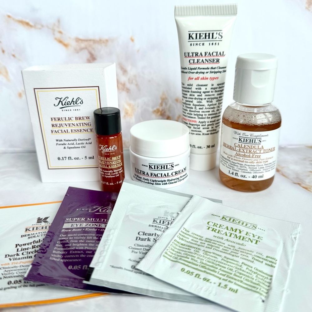 Kiehls Ultra Facial Cream Cleanser Calendula Toner Ferulic Brew 8pc Bundle New